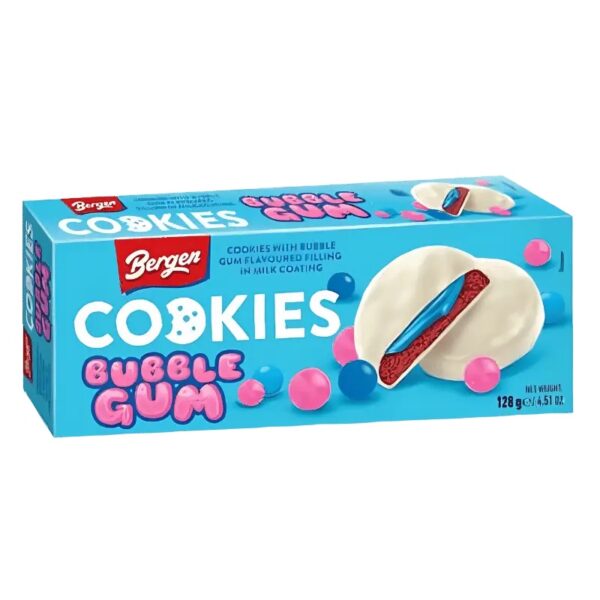 Bergen cookies with bubble gum flavoured filling in milk coating 128g
